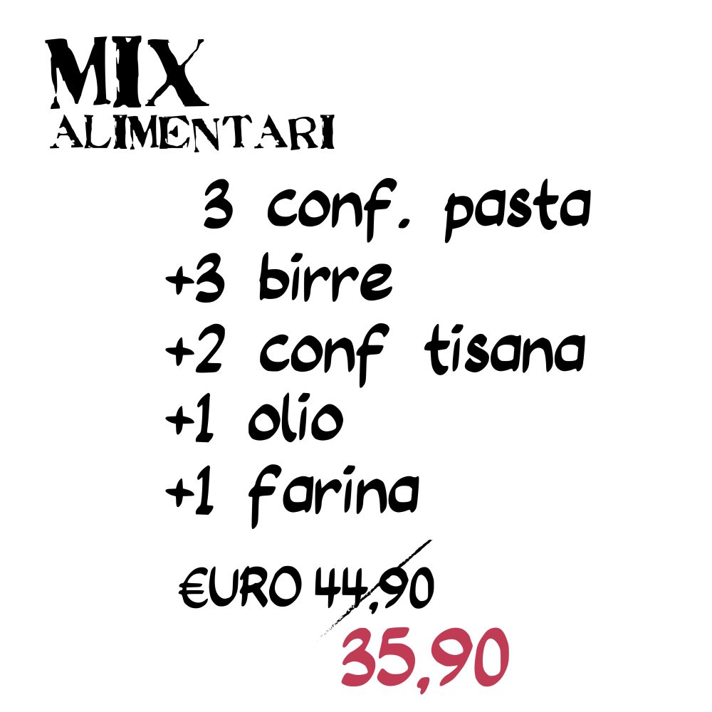 Mix alimentari: 3 conf. Pasta+3 birre+2 conf tisana+1 olio+1 farina