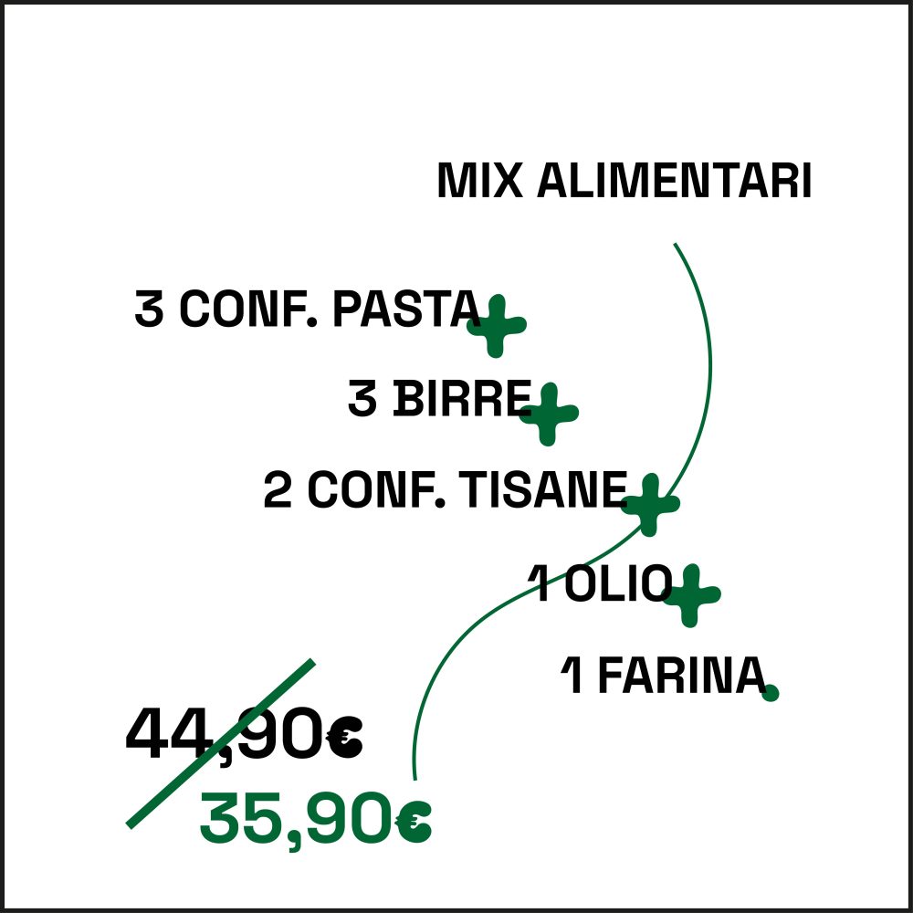 Mix alimentari: 3 conf. Pasta + 3 birre + 2 conf tisana + 1 olio + 1 farina