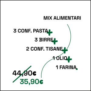 Mix alimentari: 3 conf. Pasta + 3 birre + 2 conf tisana + 1 olio + 1 farina